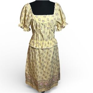 Vintage 70s Milkmaid Prairie Dress Jr Edition Dallas Floral Lace Peasant Boho S